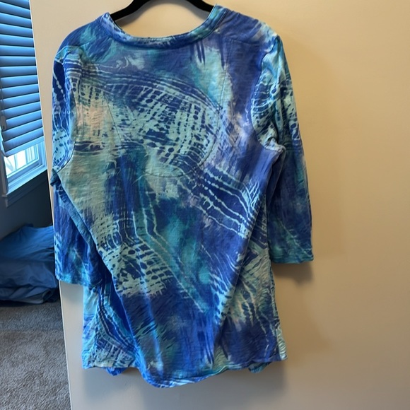 Chico’s  Size 2 Watercolor Blue Asymmetrical Tunic - Picture 2 of 7